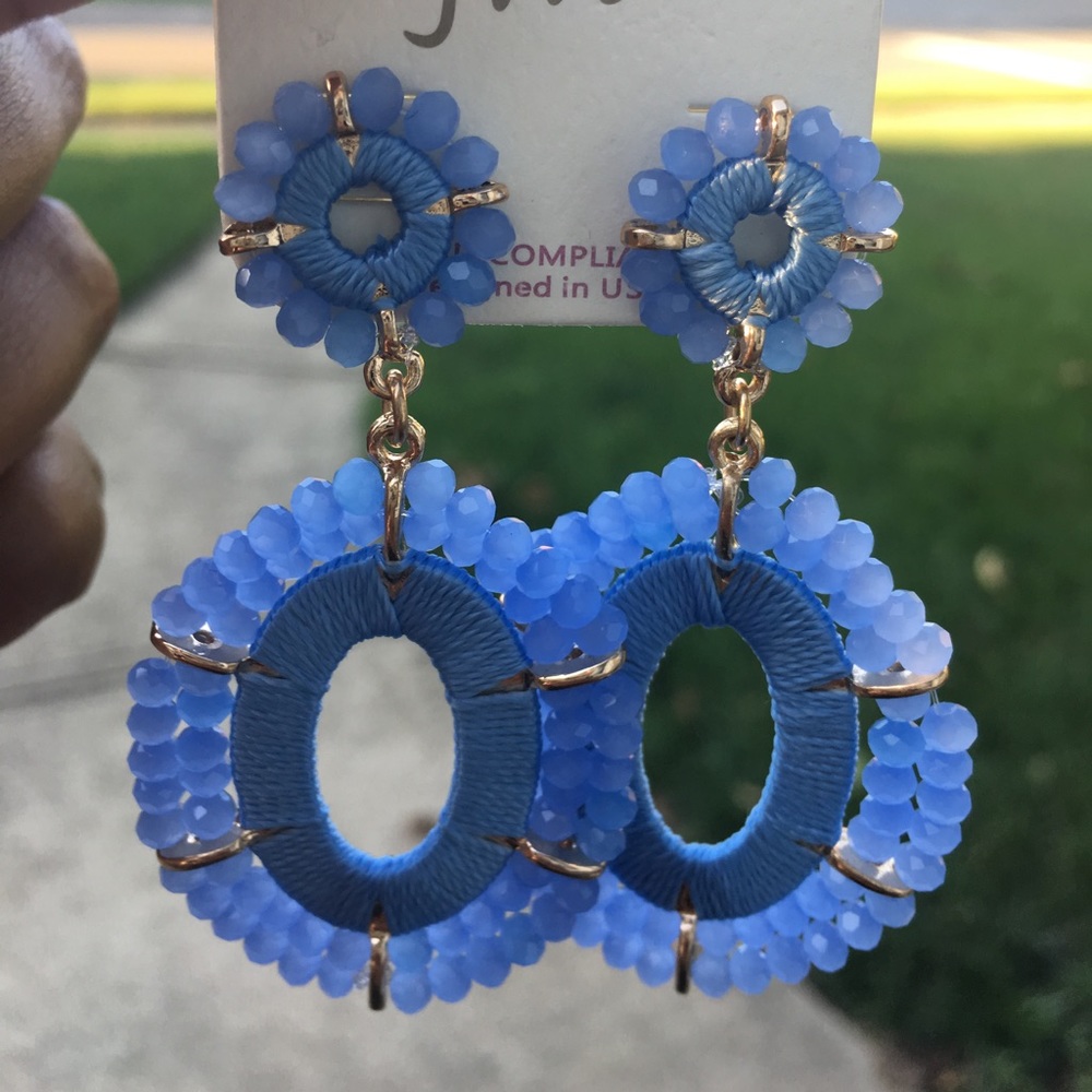 Blue Beaded Hoop Drop Earrings